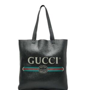 GUCCI Black Leather "Gucci Print" Shoulder Tote Bag 572768 NEW